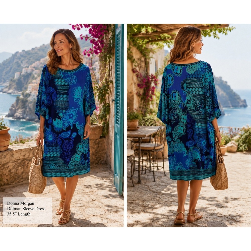 Donna Morgan Chic Blue Teal Paisley Print Shift Dolman Sleeve Dress Pockets 12